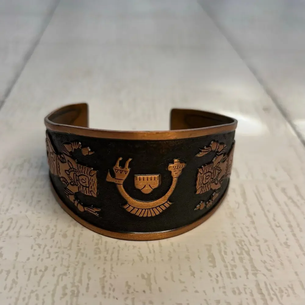Copper Cuff Bracelet with Etched Buffalo Dancer and Rainbow Yei Design